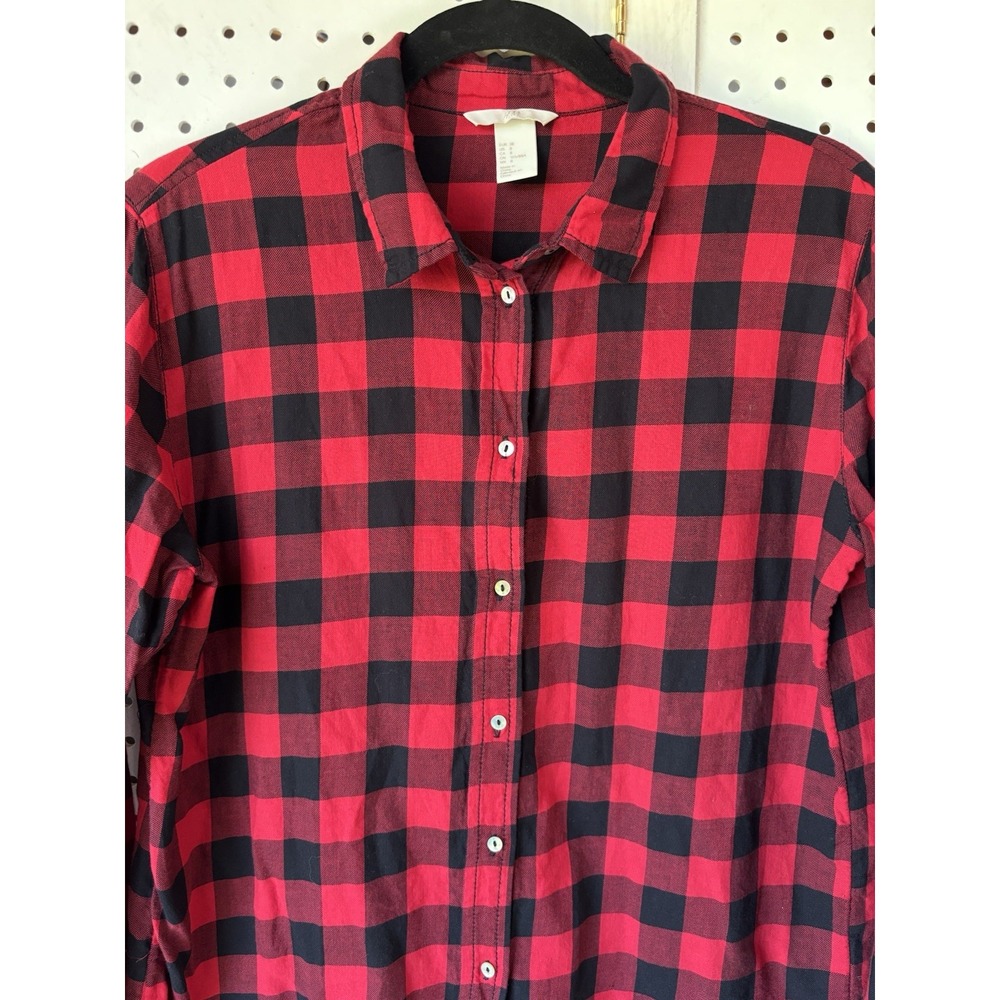 H&M Women's 8 Red Black Check Button Down Long SLV Flannel Cotton Shirt - Picture 3 of 6
